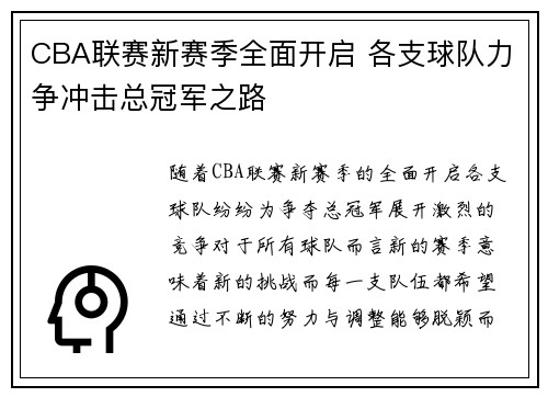 CBA联赛新赛季全面开启 各支球队力争冲击总冠军之路