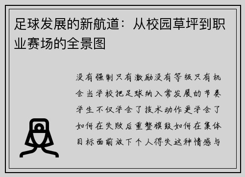 足球发展的新航道：从校园草坪到职业赛场的全景图